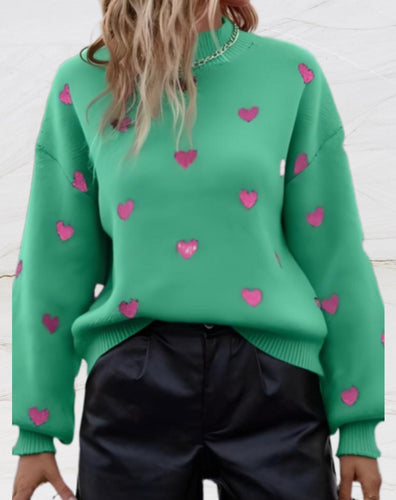 Heidi-Mode | Oversized Pullover Mit Rundhalsausschnitt Und Herzchenmuster