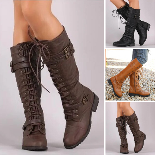 Heidi-Mode | Damen Schnürstiefel Flach Weinlese mit Schnallen Im Steampunk Stil