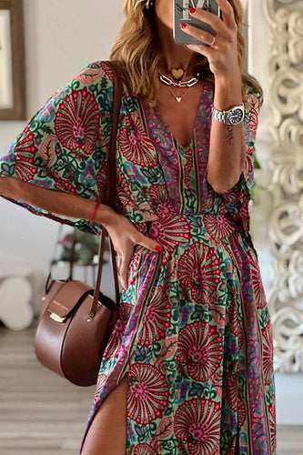 Heidi-Mode | Boho Print V-Ausschnitt Schlitz Maxikleid