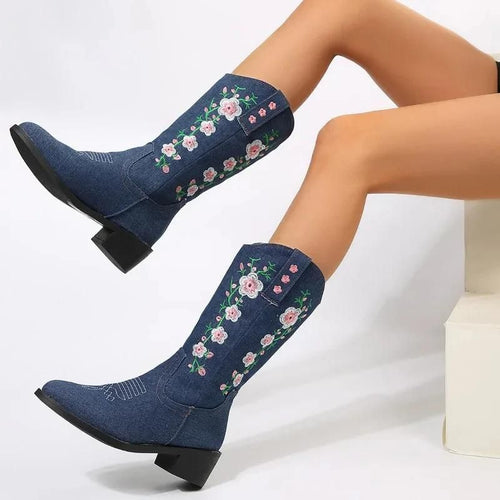 Heidi-Mode | Denim Westernstiefel mit Blumenmuster