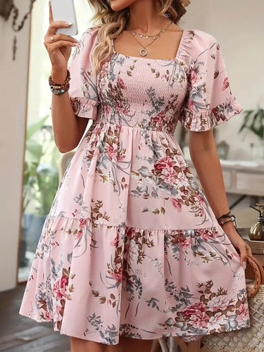Heidi-Mode | Stilvolle Rüschärmel Blumen Mini Kleid