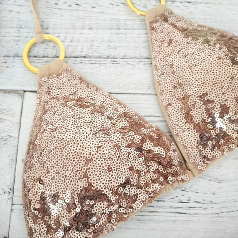 Heidi-Mode | Neu Sexy Bikinis Pailletten Goldfarbe Frauen Bandage Bikini Set Push-Up Vorgepolsterter Bh Badeanzug Set Bademode