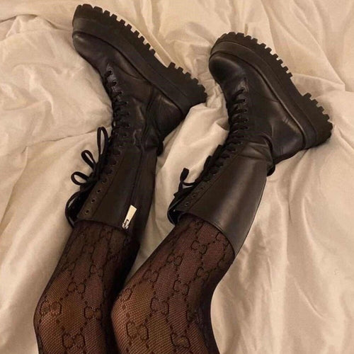 Heidi-Mode | Hohe Stiefel Damen Schwarz mit Schnürung Tracksohle