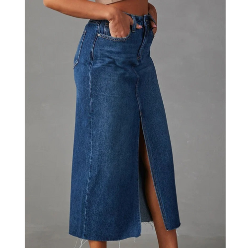 Heidi-Mode | Hohe Taille A-linie Schlitz Gewaschen Blaue Lange Jeansrock