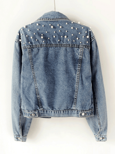 Jeansjacke, geknöpfte Taschen, Strass-Perlenbesatz, Reverskragen, lange Ärmel, Damenmode, lässig, übergroß, lässig
