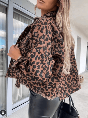 Jeansjacke mit Leopardenmuster von , geknöpfte Taschen, Reverskragen, lange Ärmel, Damen, lässig, Boyfriend-Stil, Herbst