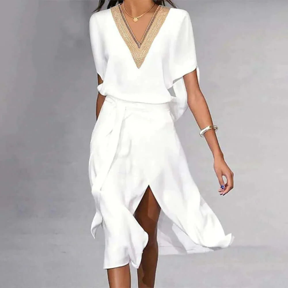 Heidi-Mode | Modernes Weißes Midi-Kleid mit V-Ausschnitt