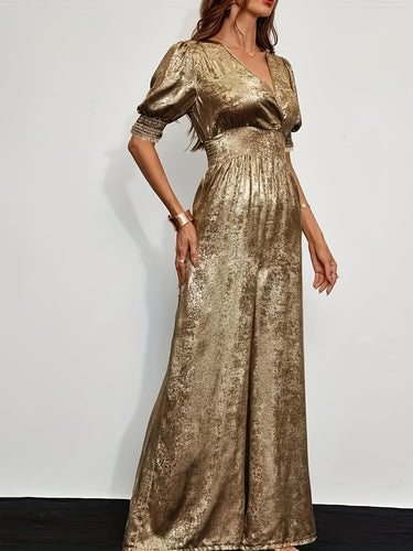 Heidi-Mode | Goldener Glanz Jumpsuit mit Eleganten Puffärmeln und V-ausschnitt