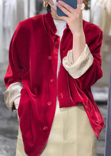 Heidi-Mode | Neu Weinrot Knopf Patchwork Seide Velours Blusen Herbst