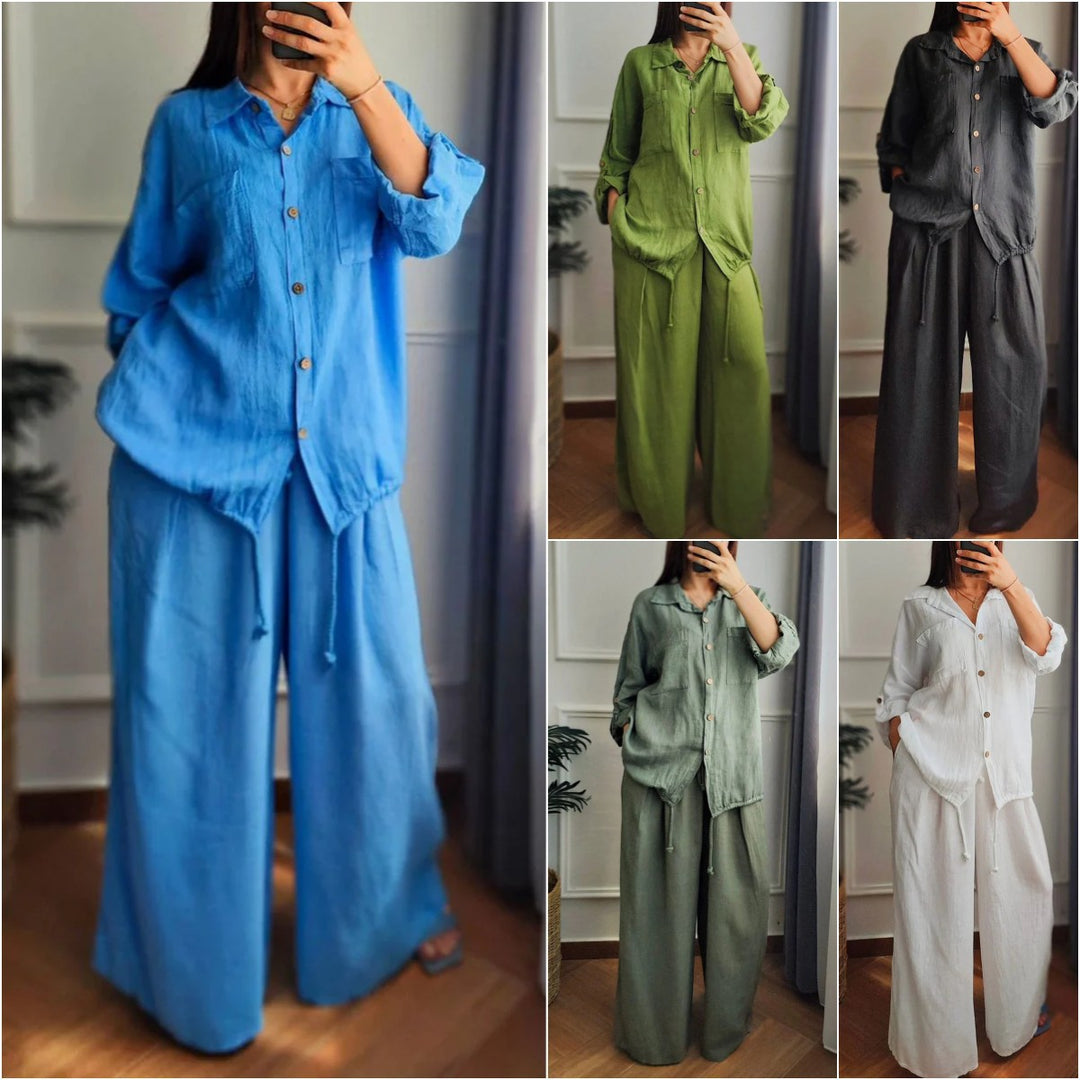 Damen Leinen-Set mit weiten Hosen undlässiger Bluse Heidi-Mode