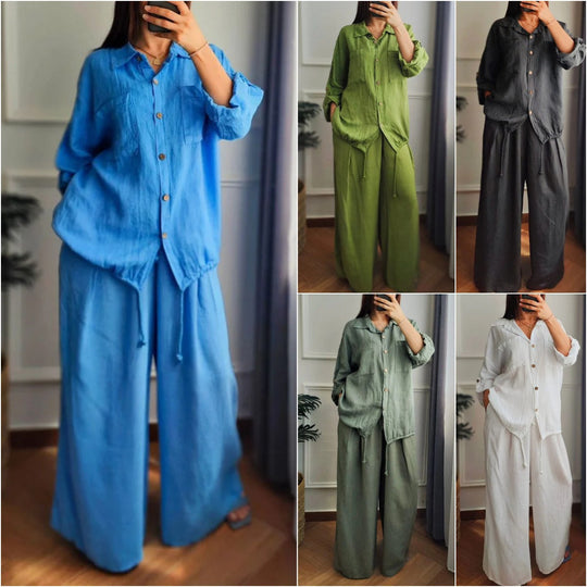 Damen Leinen-Set mit weiten Hosen undlässiger Bluse Heidi-Mode