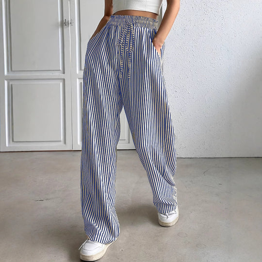 Damen Weit geschnittene Streifenhose mit elastischem Bund und Taschen Heidi-Mode