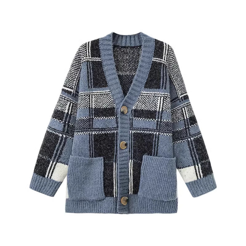 Damen Modischer Oversized Cardigan mit Karomuster Heidi-Mode
