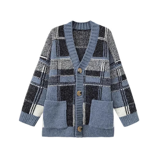 Damen Modischer Oversized Cardigan mit Karomuster Heidi-Mode