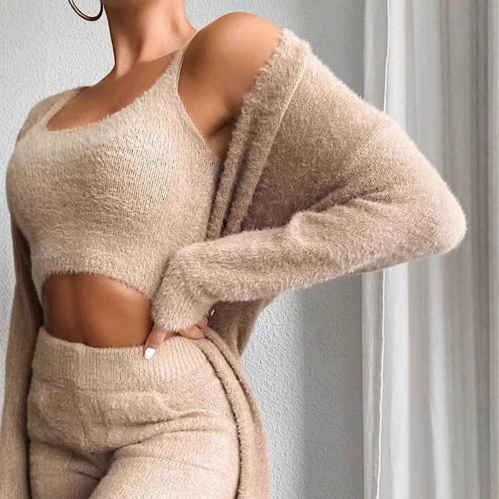 Damen modisches Lounge-Set mit ärmellosem Crop-Top und langem Cardigan Heidi-Mode