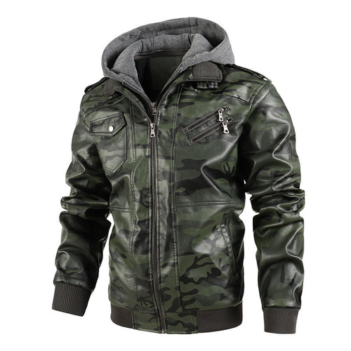 Herren Kunstlederjacke mit abnehmbarer Kapuze und multifunktionalen Taschen Heidi-Mode