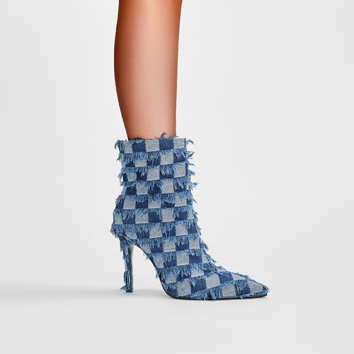 Femme Chunky-Heeled Pointed-Toe Ankle Boots mit fransiger Denim-Textur Heidi-Mode
