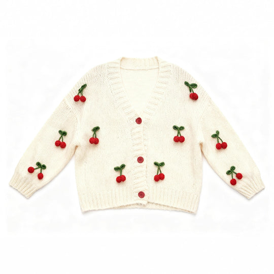 Damen Strickjacke mit fröhlichem Kirschdesign und praktischen Knopfdetails Heidi-Mode