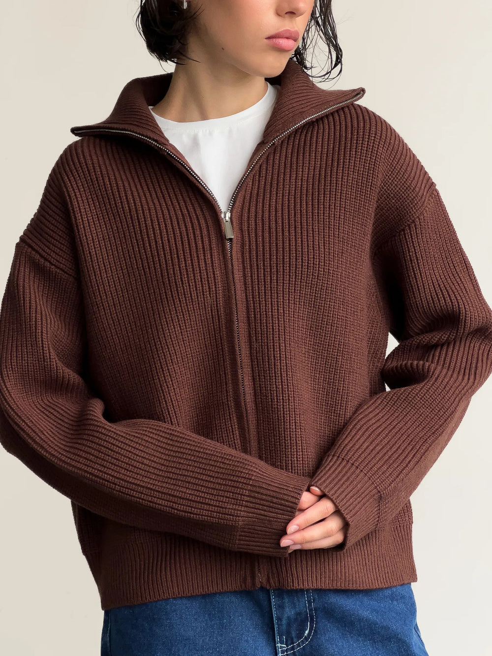 Damen Pullover mit hochschließendem Reißverschluss und strukturiertem Maschenmuster Heidi-Mode