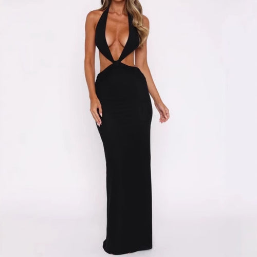 Damen Luxus Maxikleid mit tiefem V-Ausschnitt und aufregenden Cut-Out-Details Heidi-Mode