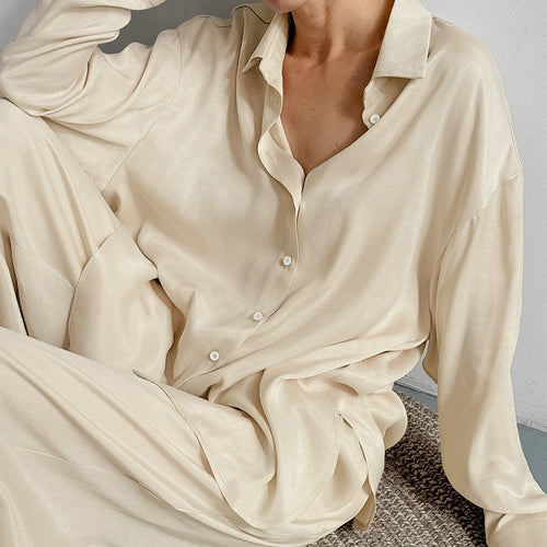Heidi-Mode | Imitat Seide Pyjama Lose Lange Ärmel Hose Zwei Teile Set Modisch Unterstützung Außenbekleidung Damen Homewear