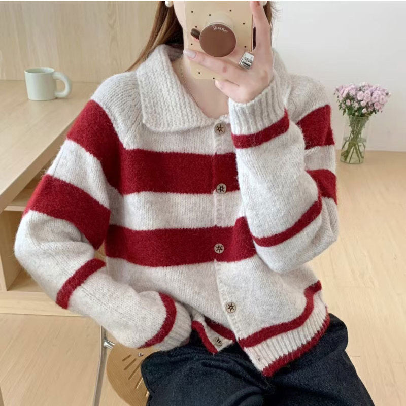 Damen Strickjacke mit dekorativem Kragen und modischen Streifen Heidi-Mode