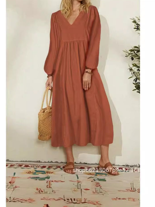 Damen leichtes Maxikleid mit V-Ausschnitt und ballonähnlichen Ärmeln Heidi-Mode