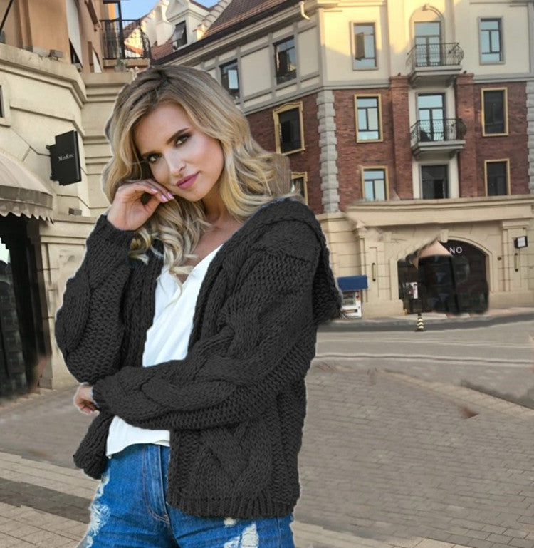 Damen Strickjacke mit Kapuze und modernem Zopfmuster Heidi-Mode