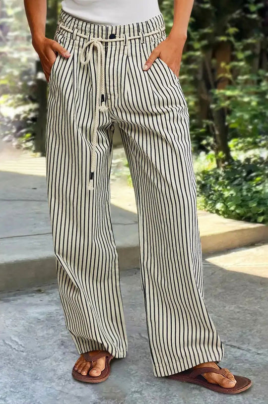 Damen Bequeme Strandhose mit lässigem Streifenmuster und geflochtenem Bund Heidi-Mode