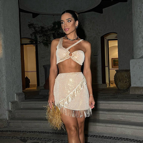 Damen zweiteiliges Glamour-Set mit funkelndem Paillettendesign und Fransen Heidi-Mode