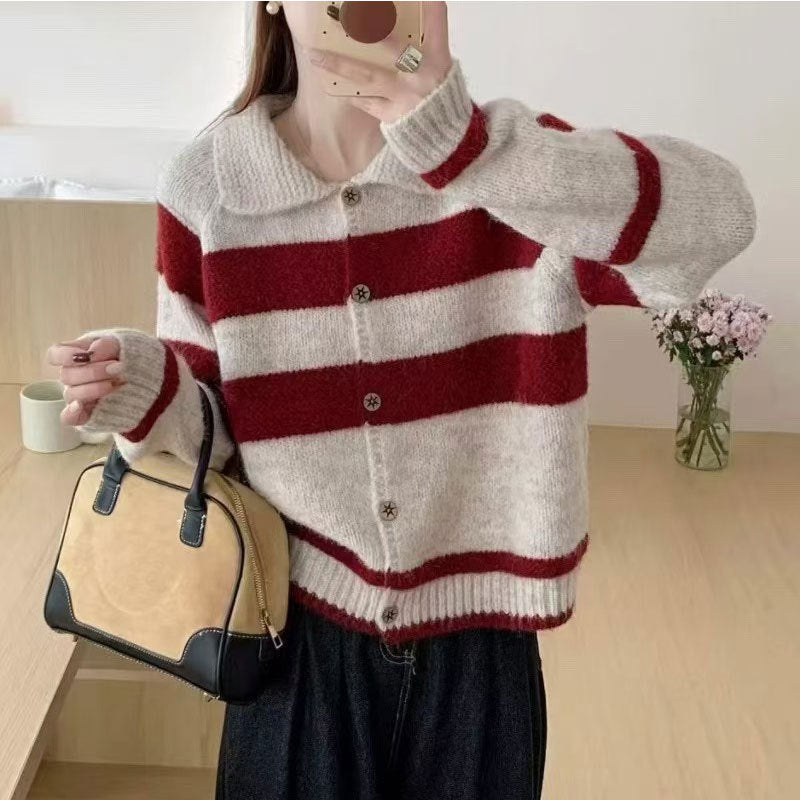 Damen Strickjacke mit dekorativem Kragen und modischen Streifen Heidi-Mode