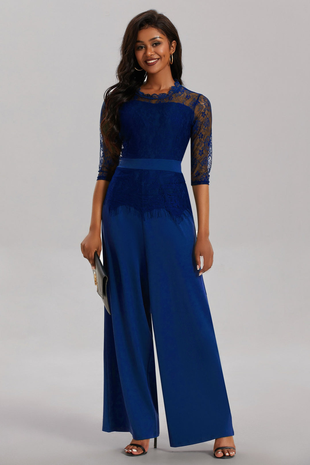 Damen Eleganter Jumpsuit mit Spitzenärmeln und weitem Bein Heidi-Mode