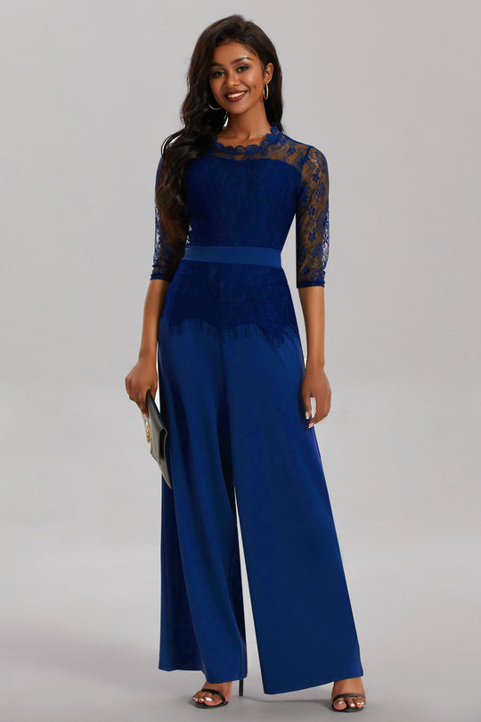Damen Eleganter Jumpsuit mit Spitzenärmeln und weitem Bein Heidi-Mode