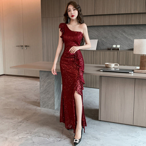 Heidi-Mode | Ein-Schulter Pailletten Abendkleid