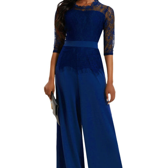 Damen Eleganter Jumpsuit mit Spitzenärmeln und weitem Bein Heidi-Mode