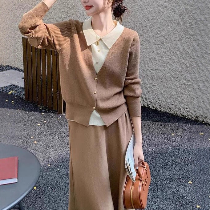Damen Strickensemble mit eleganter Blusenoptik und weitem Rock Heidi-Mode
