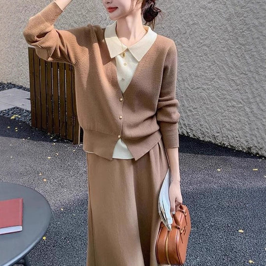 Damen Strickensemble mit eleganter Blusenoptik und weitem Rock Heidi-Mode