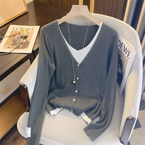 Damen lässige Strickjacke mit feiner Rippstruktur und tiefem V-Ausschnitt Heidi-Mode