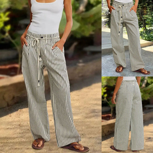 Damen Bequeme Strandhose mit lässigem Streifenmuster und geflochtenem Bund Heidi-Mode