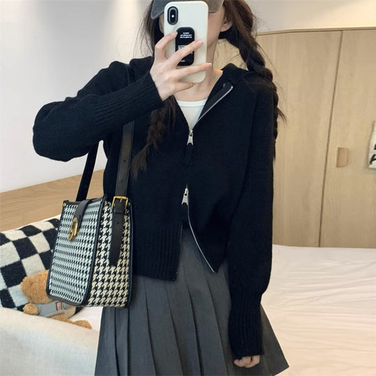 Damen Strickjacke mit hohem Kragen und Reißverschluss Heidi-Mode
