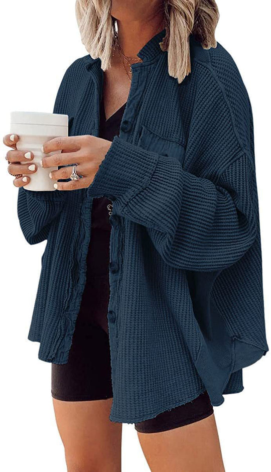 Damen oversized Waffelstruktur Hemdjacke Heidi-Mode