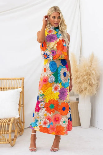 Heidi-Mode | Europäisch Populär Urlaub Druck Ohne Ärmel Halterneck Taille Eng Maxi Kleid