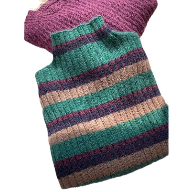 Damen Rippstrickpullover mit hohem Kragen und modischem Streifenmuster Heidi-Mode