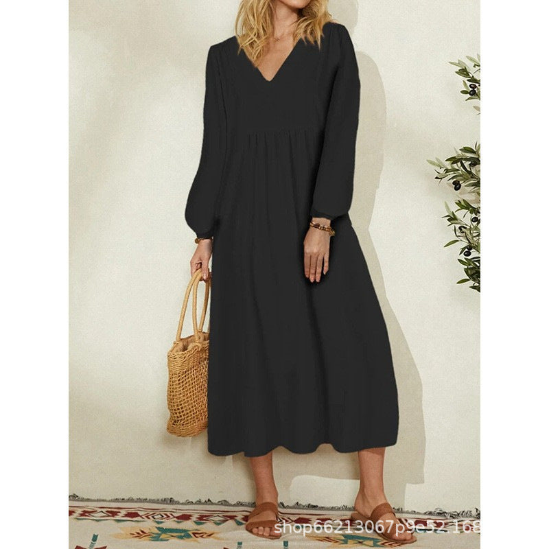 Damen leichtes Maxikleid mit V-Ausschnitt und ballonähnlichen Ärmeln Heidi-Mode