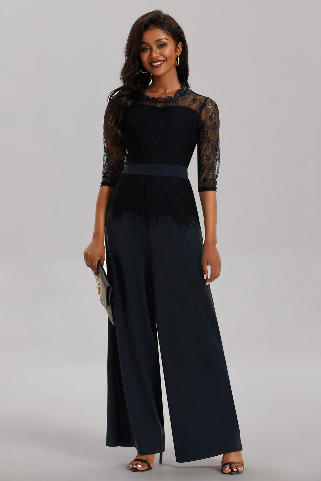 Damen Eleganter Jumpsuit mit Spitzenärmeln und weitem Bein Heidi-Mode