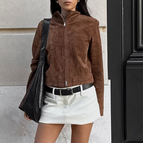 Damen Kurzjacke im modernen Wildleder-Look mit hohem Kragen Heidi-Mode