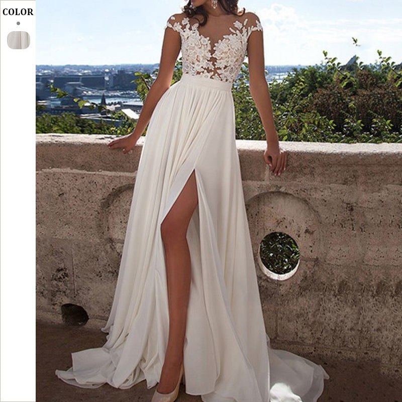 Damen Hochzeitskleid mit elegantem Spitzen-Oberteil und fließendem Rock Heidi-Mode