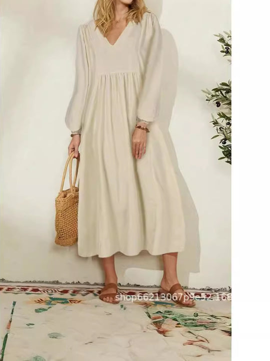 Damen leichtes Maxikleid mit V-Ausschnitt und ballonähnlichen Ärmeln Heidi-Mode
