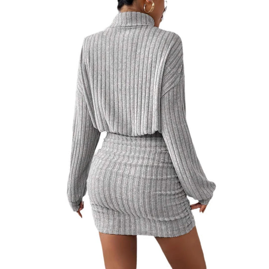 Damen Strickkleid mit hohem Kragen und Rippstruktur Heidi-Mode