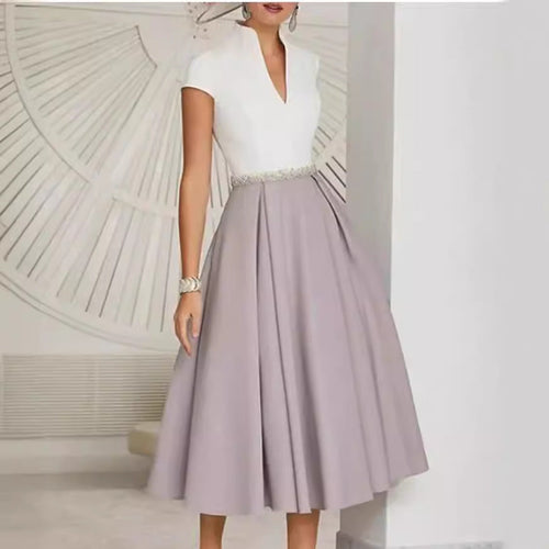 Heidi-Mode | Weißes Farbblock V-Ausschnitt Ausgestellt Sommerkleid